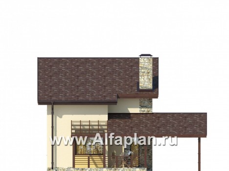 Проект каркасного двухэтажного дома, с террасой, планировка 3 спальни, с навесом для авто - превью фасада дома