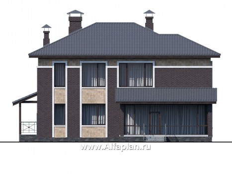 Проекты домов Альфаплан - «Мотив» - стильный двухэтажный коттедж с верандой - превью фасада №4