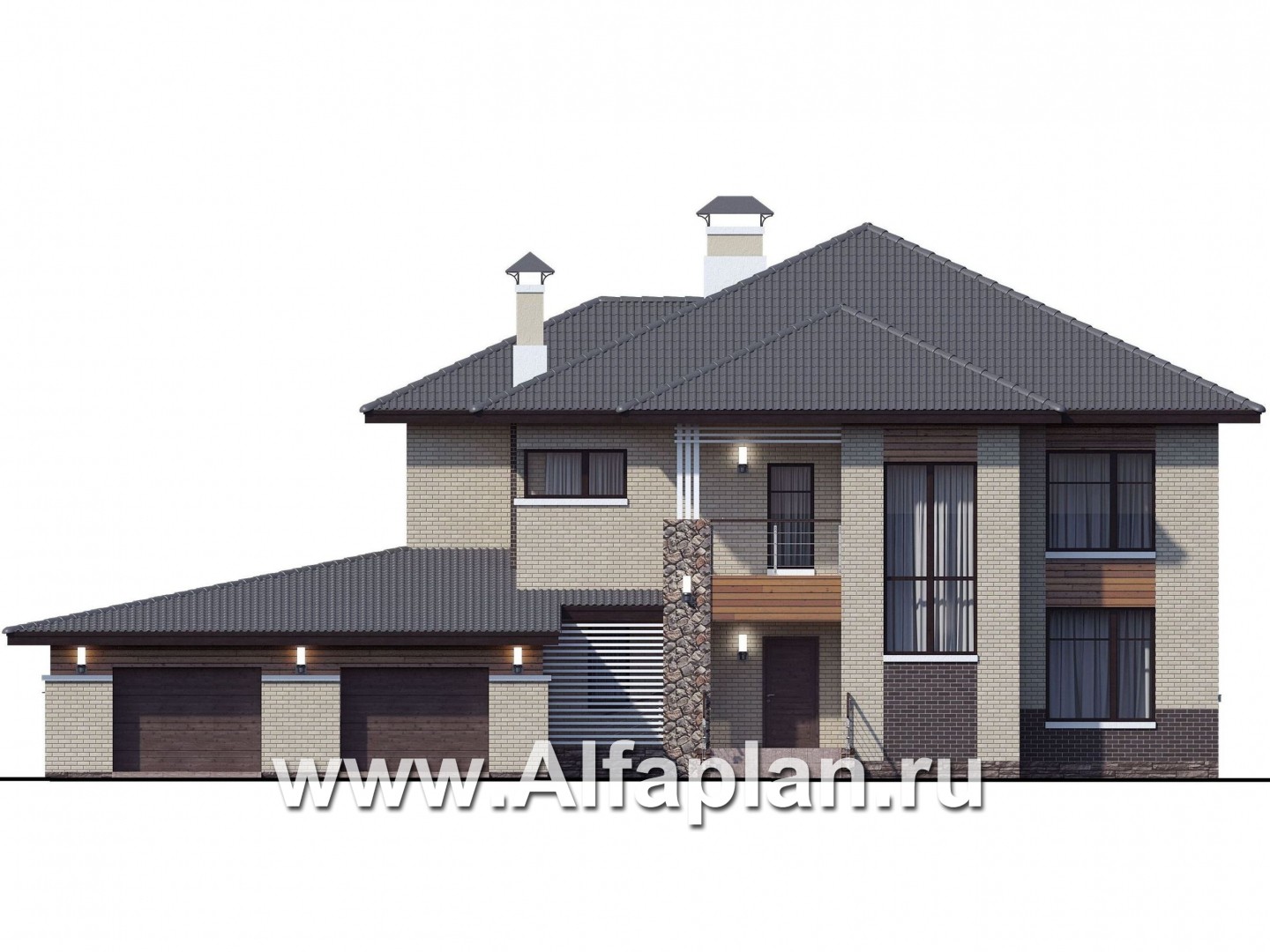 Проекты домов Альфаплан - «Киприда» — проект двухэтажного дома в современном стиле, мастер спальня, с террасой и гаражом на 2 авто - изображение фасада №1