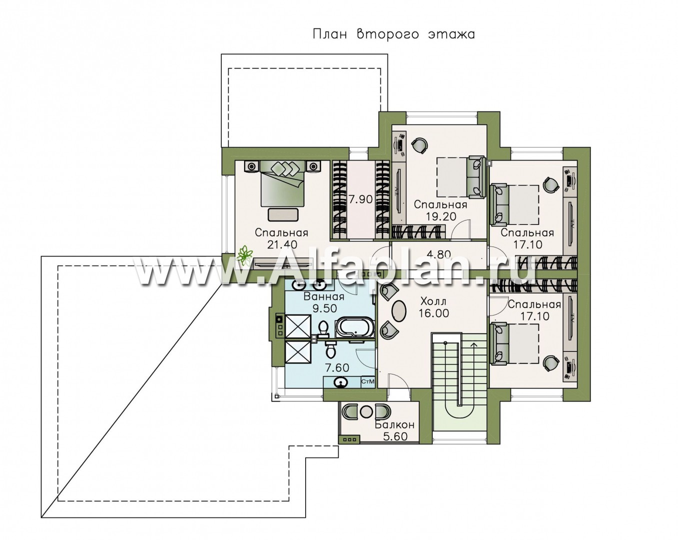 Проекты домов Альфаплан - «Киприда» — проект двухэтажного дома в современном стиле, мастер спальня, с террасой и гаражом на 2 авто - план проекта №2