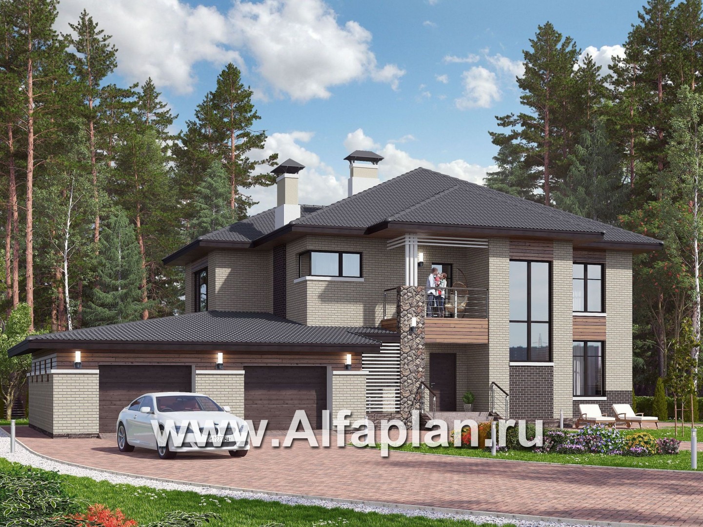 Проекты домов Альфаплан - «Киприда» — проект двухэтажного дома в современном стиле, мастер спальня, с террасой и гаражом на 2 авто - основное изображение