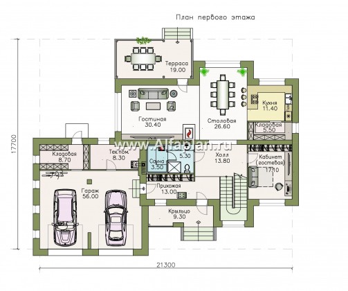 Проекты домов Альфаплан - «Киприда» — проект двухэтажного дома в современном стиле, мастер спальня, с террасой и гаражом на 2 авто - превью плана проекта №1
