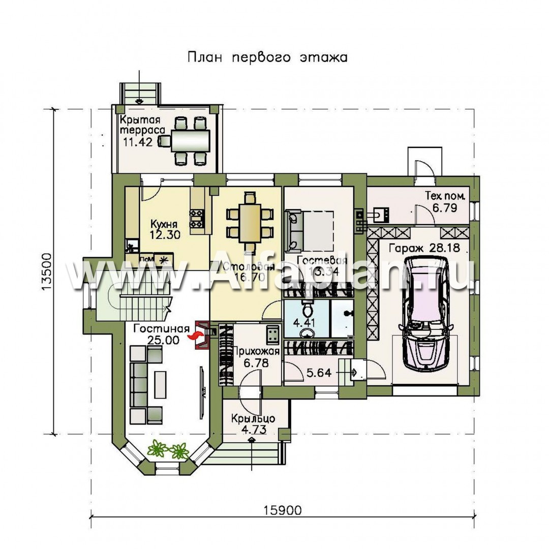 Проекты домов Альфаплан - «Благополучие» - классический коттедж с открытой планировкой и гаражом - изображение плана проекта №1