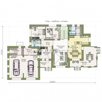 Проекты домов Альфаплан - «Арно» - проект двухэтажного дома,  с двусветной гостиной, с террасой, с гаражом на 2 авто - превью плана проекта №1