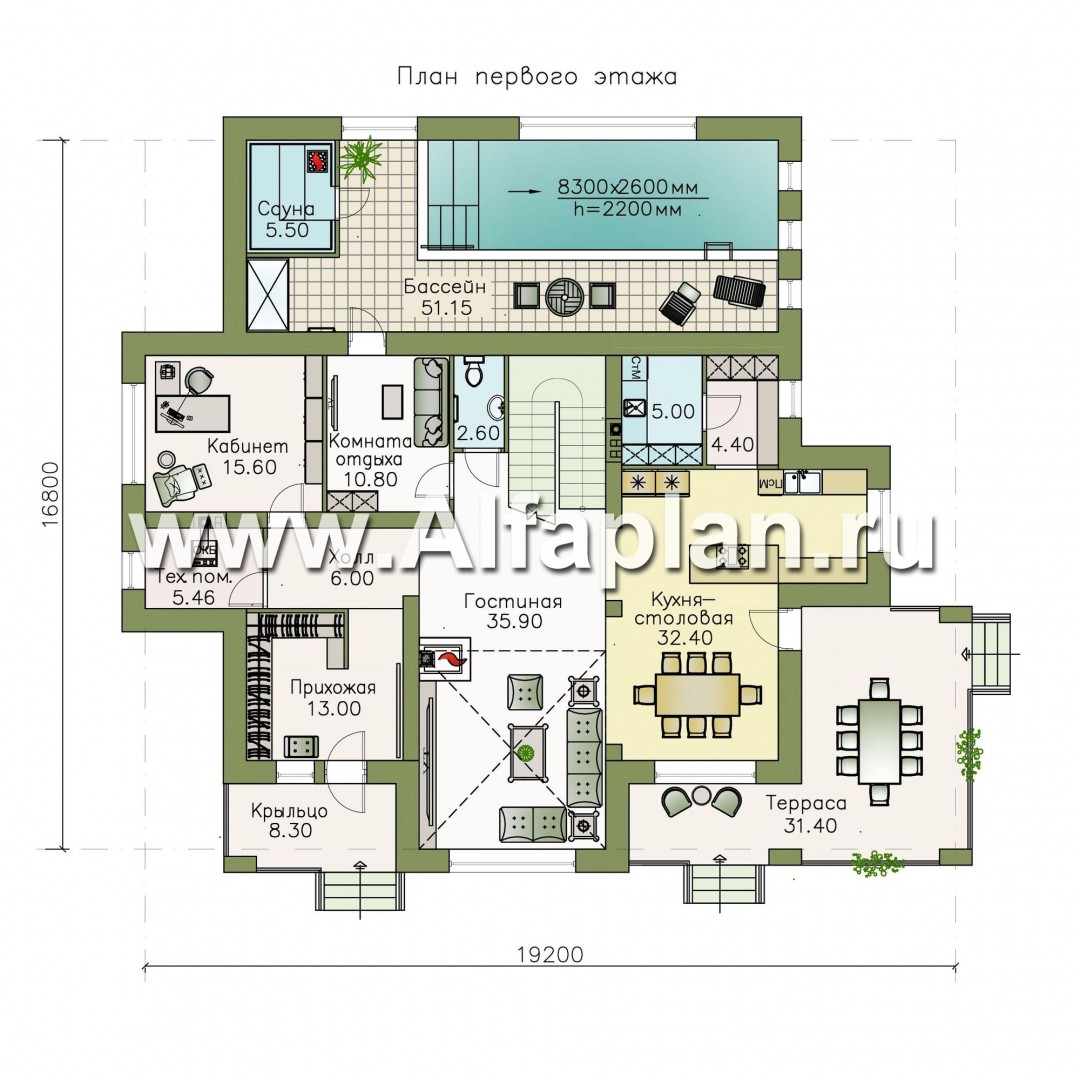 Проекты домов Альфаплан - «Арно» - классический особняк с двусветной столовой и бассейном - план проекта №1