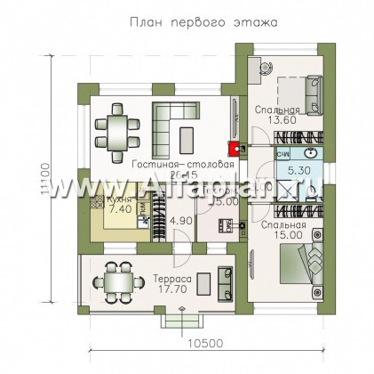 Проекты домов Альфаплан - «Онега» - компактный одноэтажный коттедж с двумя спальнями - превью плана проекта №1