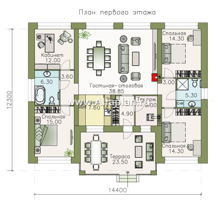 Проекты домов Альфаплан - «Леда» - одноэтажный коттедж с четырьмя комнатами и террасой - превью плана проекта №1