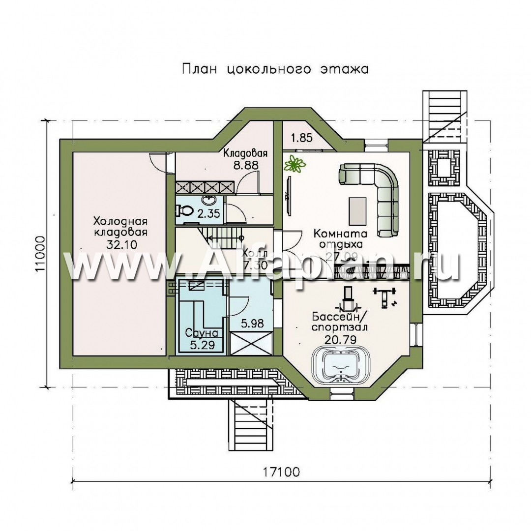 Проекты домов Альфаплан - «Регенсбург Плюс» - коттедж с цокольным этажом и верандой - изображение плана проекта №1
