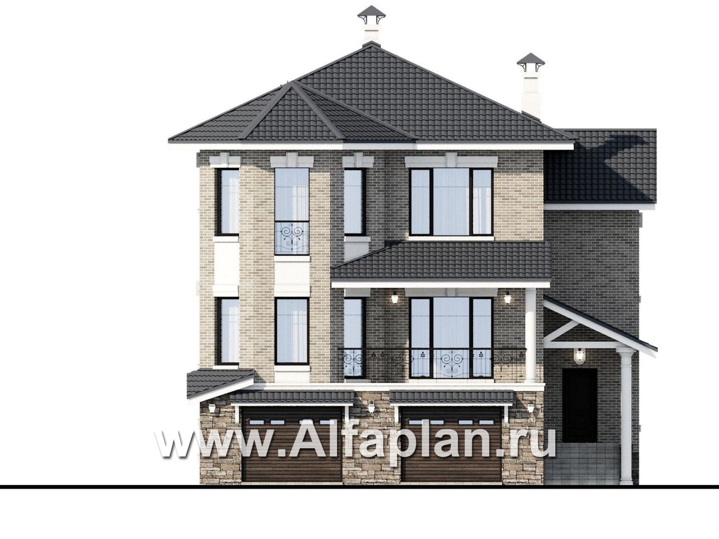 Проекты домов Альфаплан - "Нева" - проект эксклюзивного трехэтажного дома из кирпича, с террасой и с эркером, с квартирой для персонала - изображение фасада №1