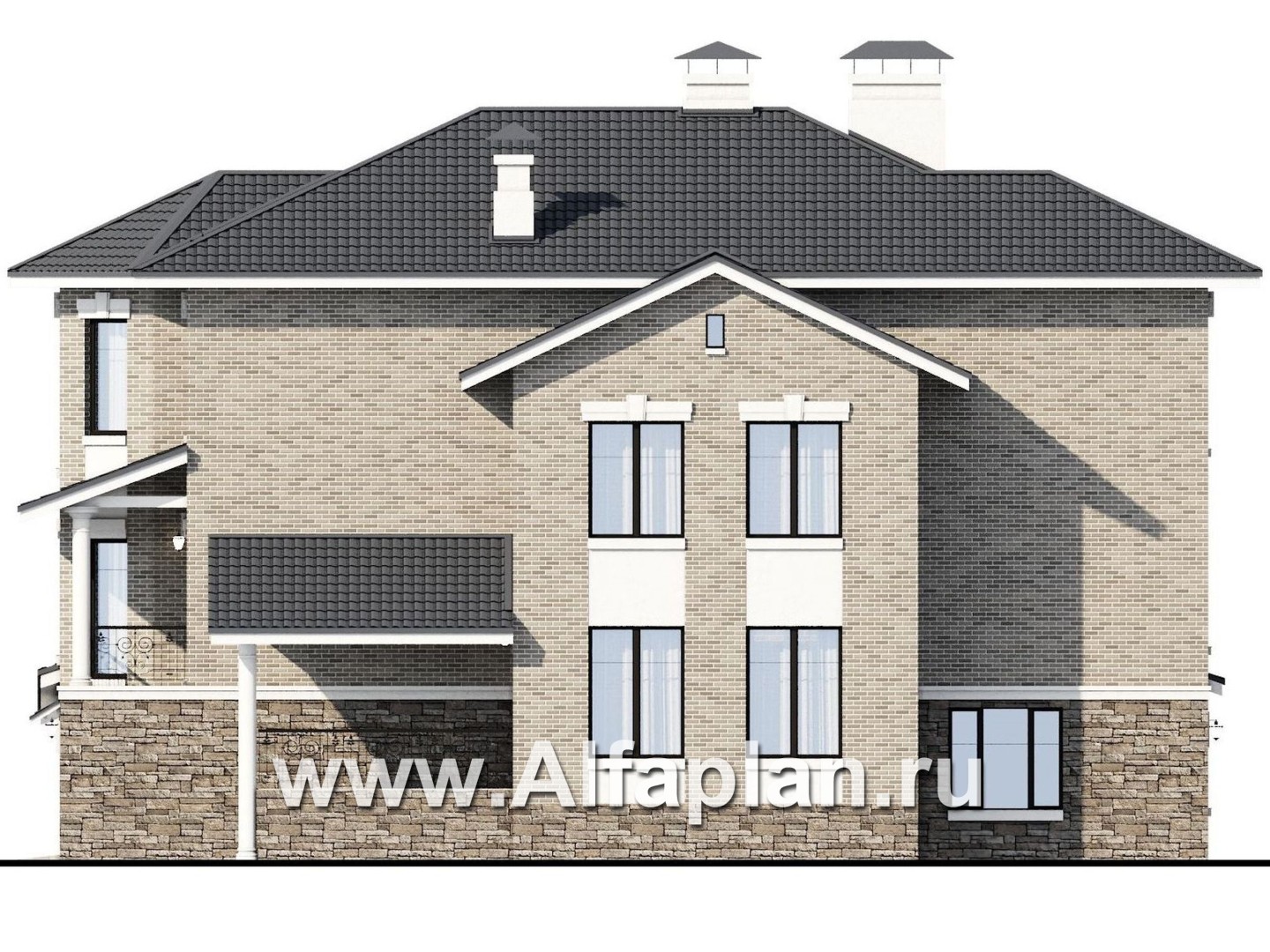 Проекты домов Альфаплан - "Нева" - проект эксклюзивного трехэтажного дома из кирпича, с террасой и с эркером, с квартирой для персонала - изображение фасада №2