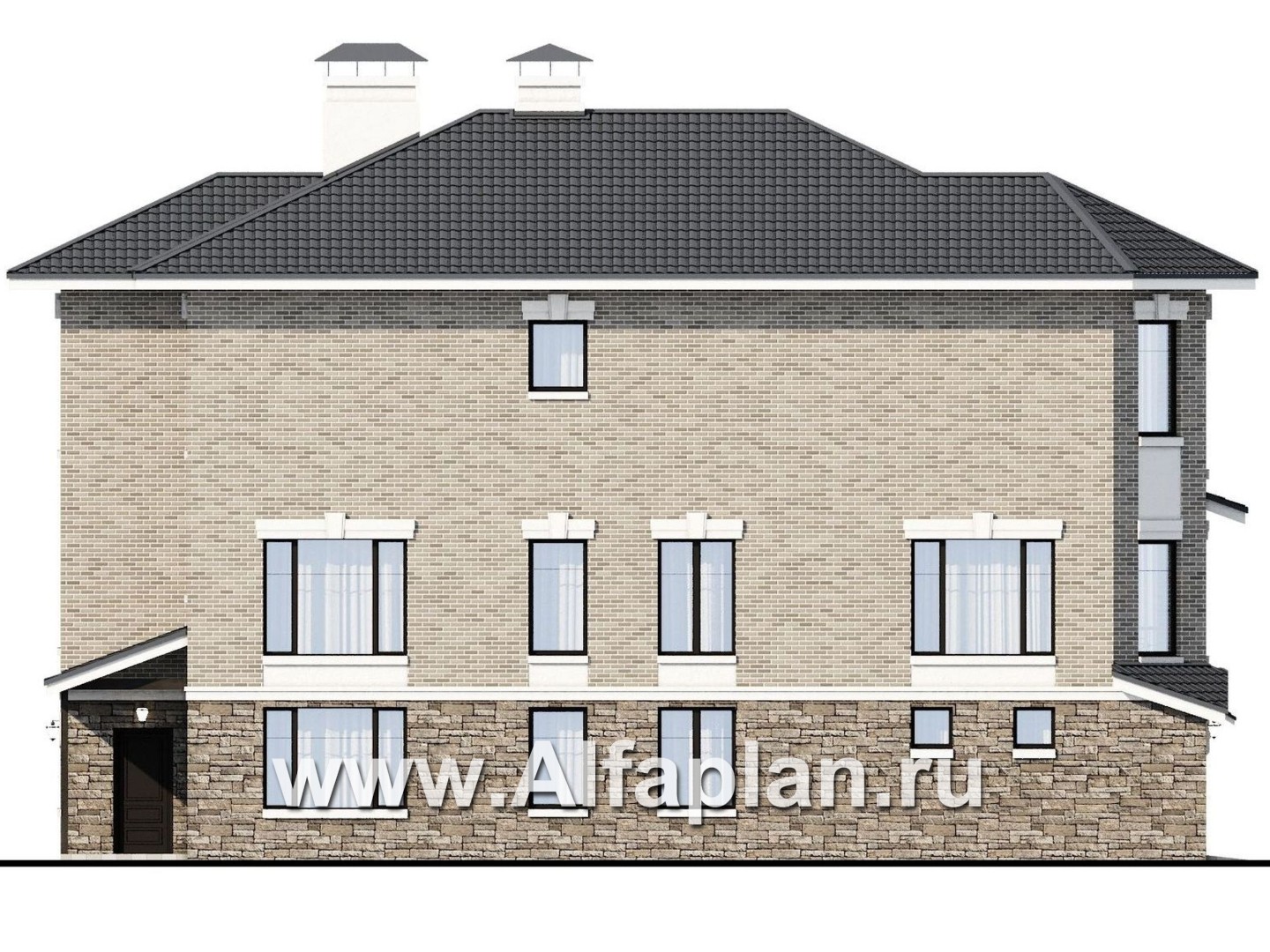 Проекты домов Альфаплан - "Нева" - проект эксклюзивного трехэтажного дома из кирпича, с террасой и с эркером, с квартирой для персонала - изображение фасада №3