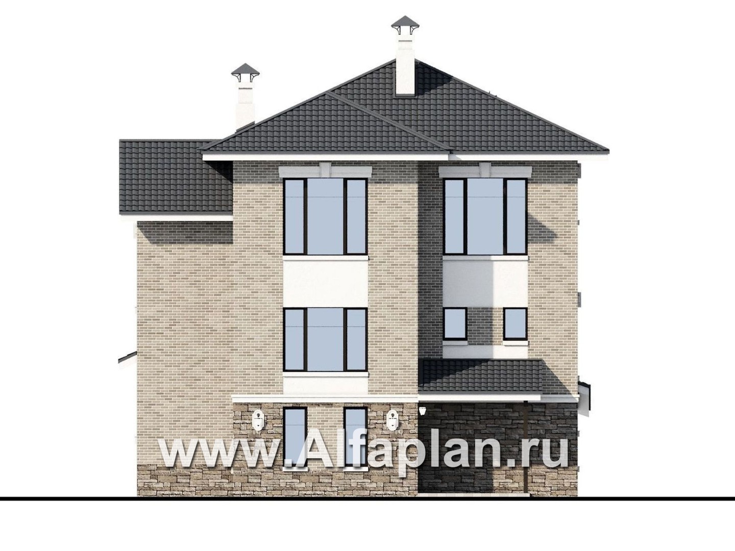 Проекты домов Альфаплан - "Нева" - проект эксклюзивного трехэтажного дома из кирпича, с террасой и с эркером, с квартирой для персонала - изображение фасада №4