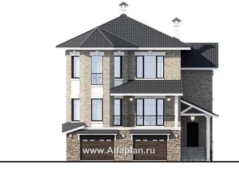 Проекты домов Альфаплан - "Нева" - проект эксклюзивного трехэтажного дома из кирпича, с террасой и с эркером, с квартирой для персонала - превью фасада №1