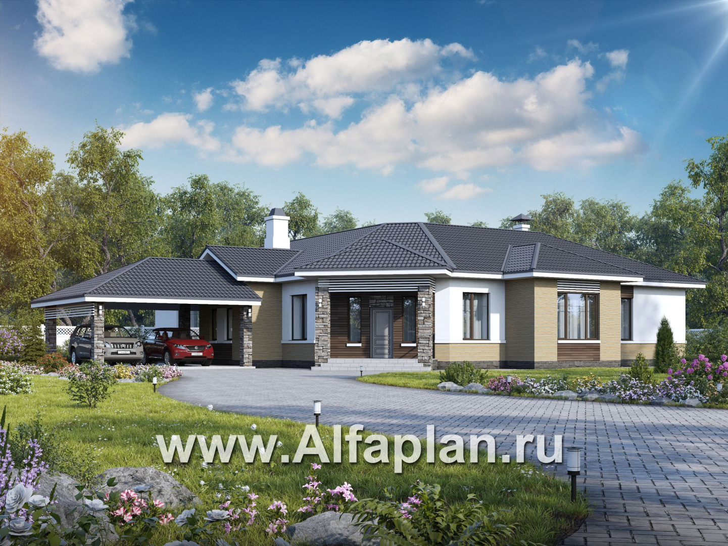 Проекты домов Альфаплан - «Модуль» — одноэтажный дом с бассейном и гостевой квартирой - основное изображение