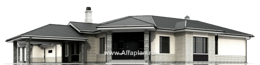 Проекты домов Альфаплан - «Модуль» — одноэтажный дом с бассейном и гостевой квартирой - превью фасада №1