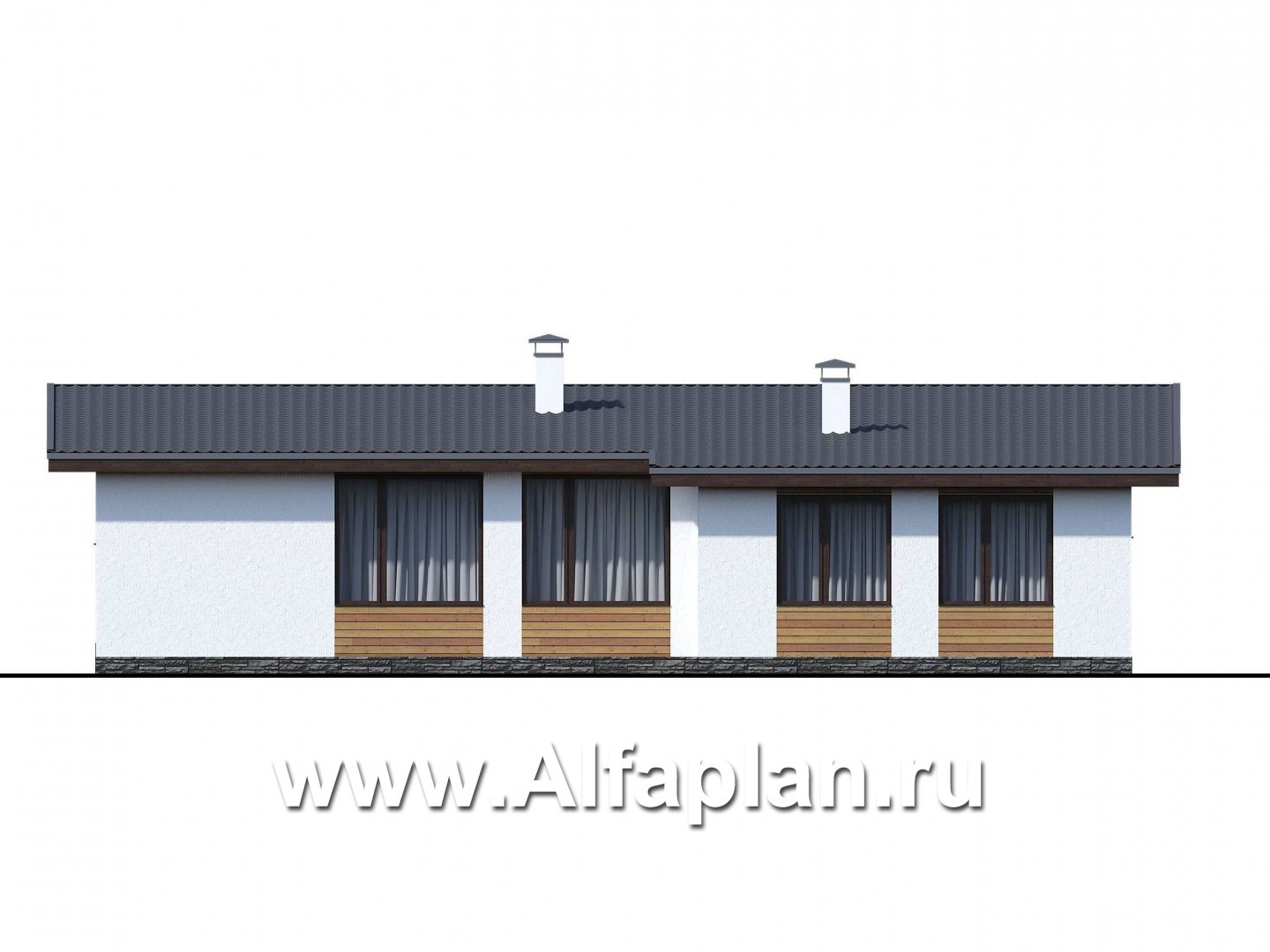 Проекты домов Альфаплан - «Эпсилон» - проект одноэтажного дома с сауной, джакузи и барбекью на террасе, в скандинавском стиле - изображение фасада №4