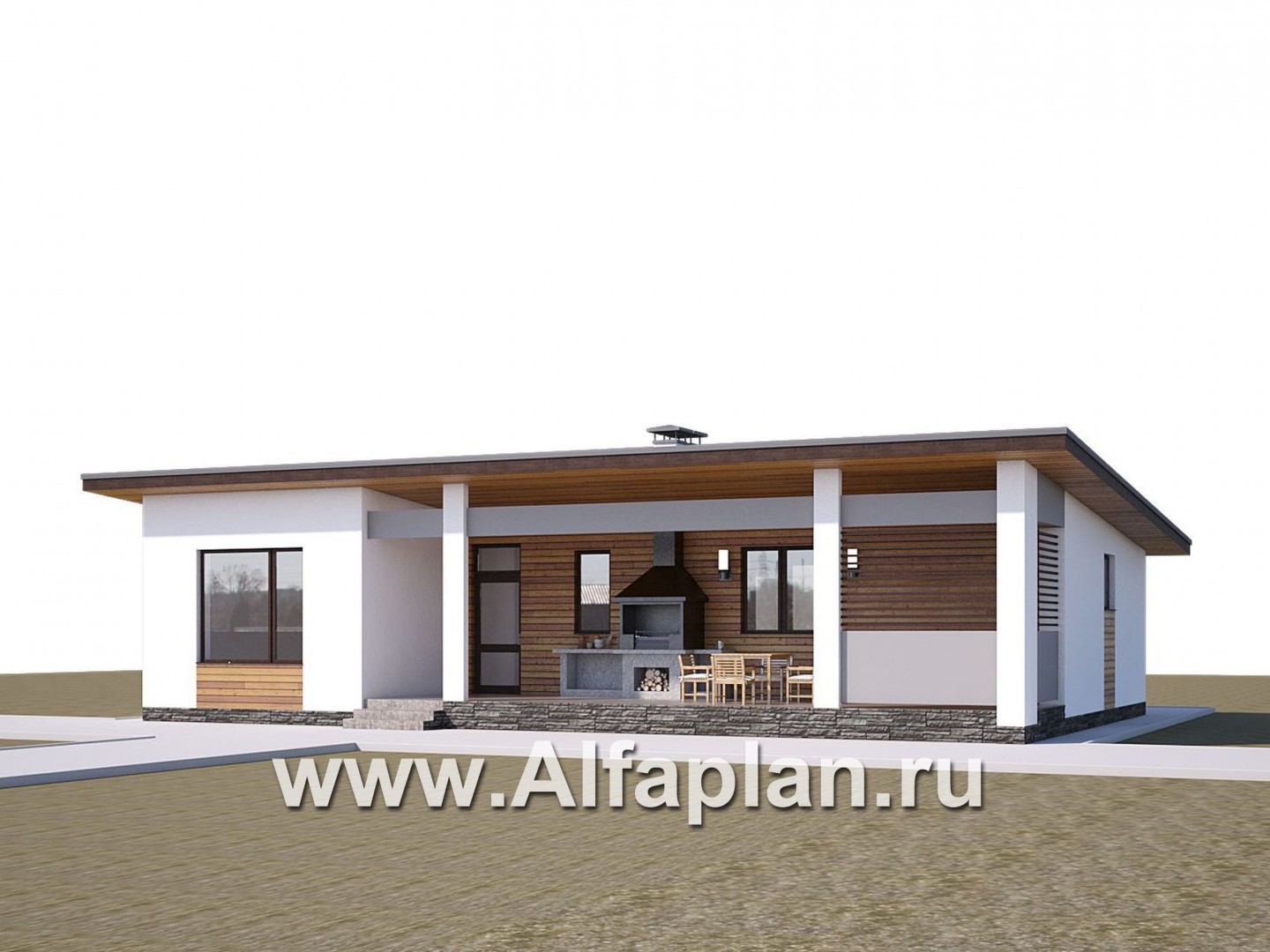 Проекты домов Альфаплан - «Эпсилон» - проект одноэтажного дома с сауной, джакузи и барбекью на террасе, в скандинавском стиле - дополнительное изображение №1