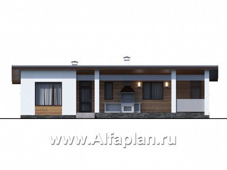 Проекты домов Альфаплан - «Эпсилон» - проект одноэтажного дома с сауной, джакузи и барбекью на террасе, в скандинавском стиле - превью фасада №1