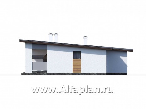 Проекты домов Альфаплан - «Эпсилон» - проект одноэтажного дома с сауной, джакузи и барбекью на террасе, в скандинавском стиле - превью фасада №2