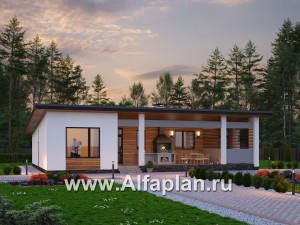 Проекты домов Альфаплан - «Эпсилон» - проект одноэтажного дома с сауной, джакузи и барбекью на террасе, в скандинавском стиле - превью основного изображения