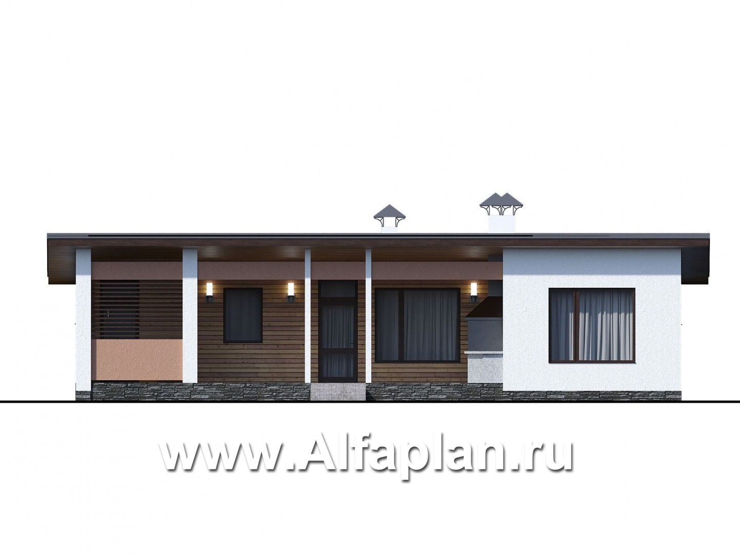 Проекты домов Альфаплан - «Зита» -  проект одноэтажного дома, с сауной, с джакузи на террасе,  в скандинавском стиле - изображение фасада №1