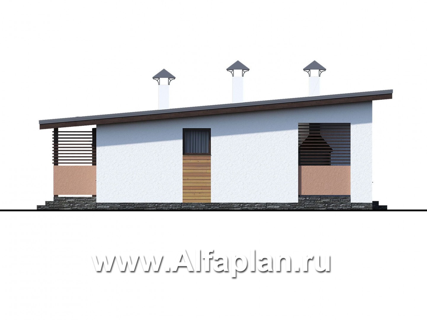 Проекты домов Альфаплан - «Зита» -  проект одноэтажного дома, с сауной, с джакузи на террасе,  в скандинавском стиле - изображение фасада №3