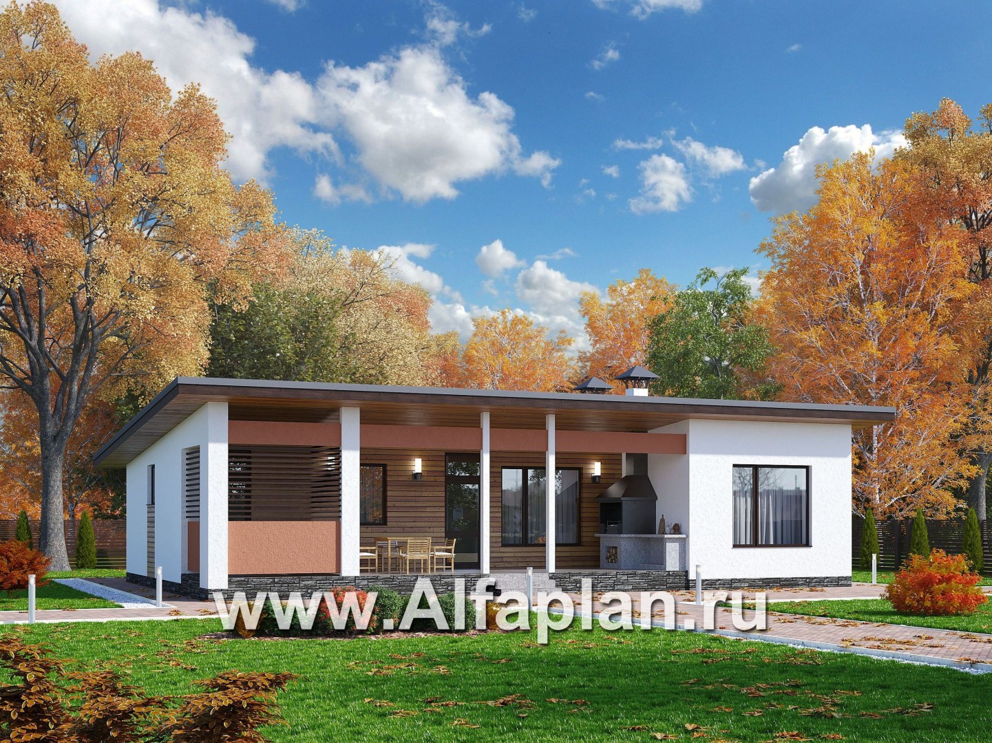 Проекты домов Альфаплан - «Зита» -  проект одноэтажного дома, с сауной, с джакузи на террасе,  в скандинавском стиле - основное изображение