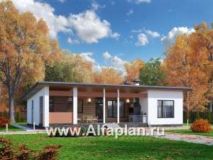 Проекты домов Альфаплан - «Зита» -  проект одноэтажного дома, с сауной, с джакузи на террасе,  в скандинавском стиле - превью основного изображения