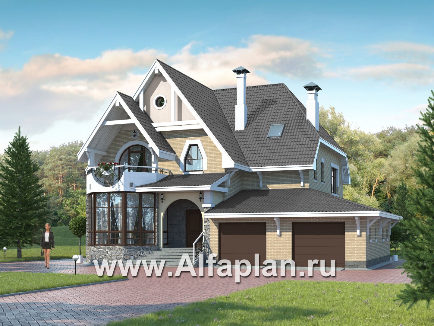 Проекты домов Альфаплан - «Белый ветер» - загородный коттедж с жилой мансардой - основное изображение