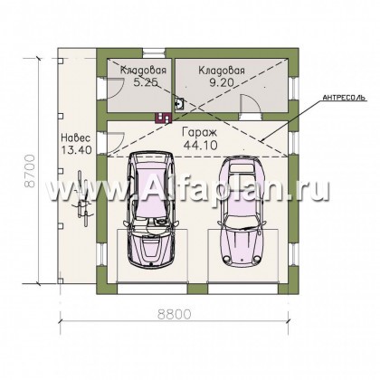 Проекты домов Альфаплан - Гараж на две машины с небольшим навесом - превью плана проекта №1