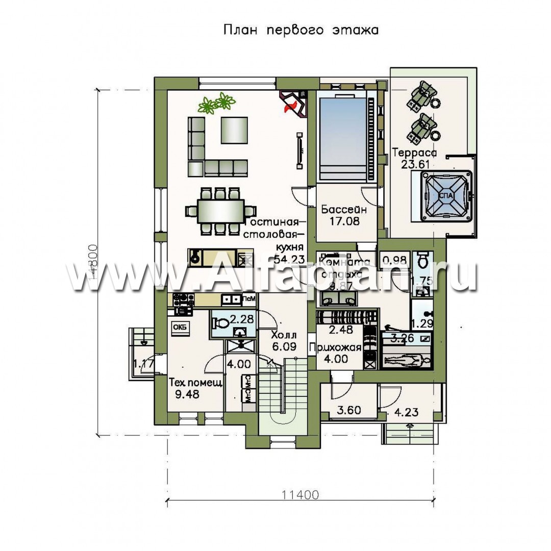 Проекты домов Альфаплан - «Флагман» - комфортабельный коттедж с бассейном и зоной spa - изображение плана проекта №1