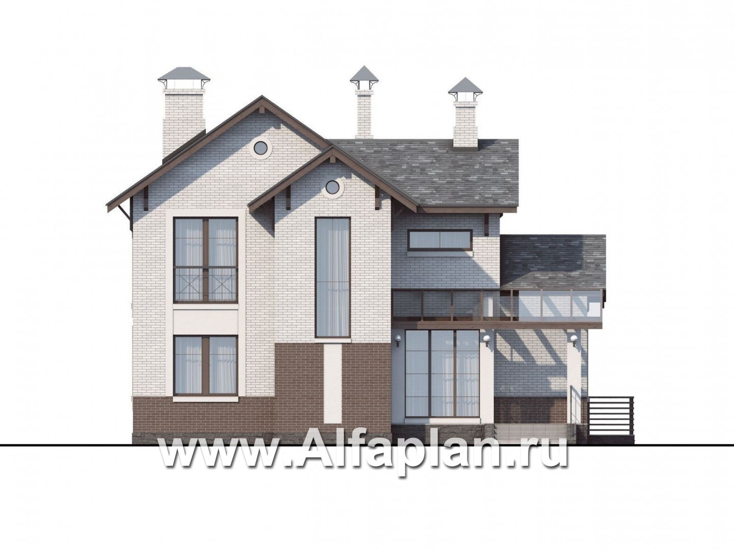 Проекты домов Альфаплан - «Флагман» - коттедж с большой верандой и солярием - изображение фасада №1