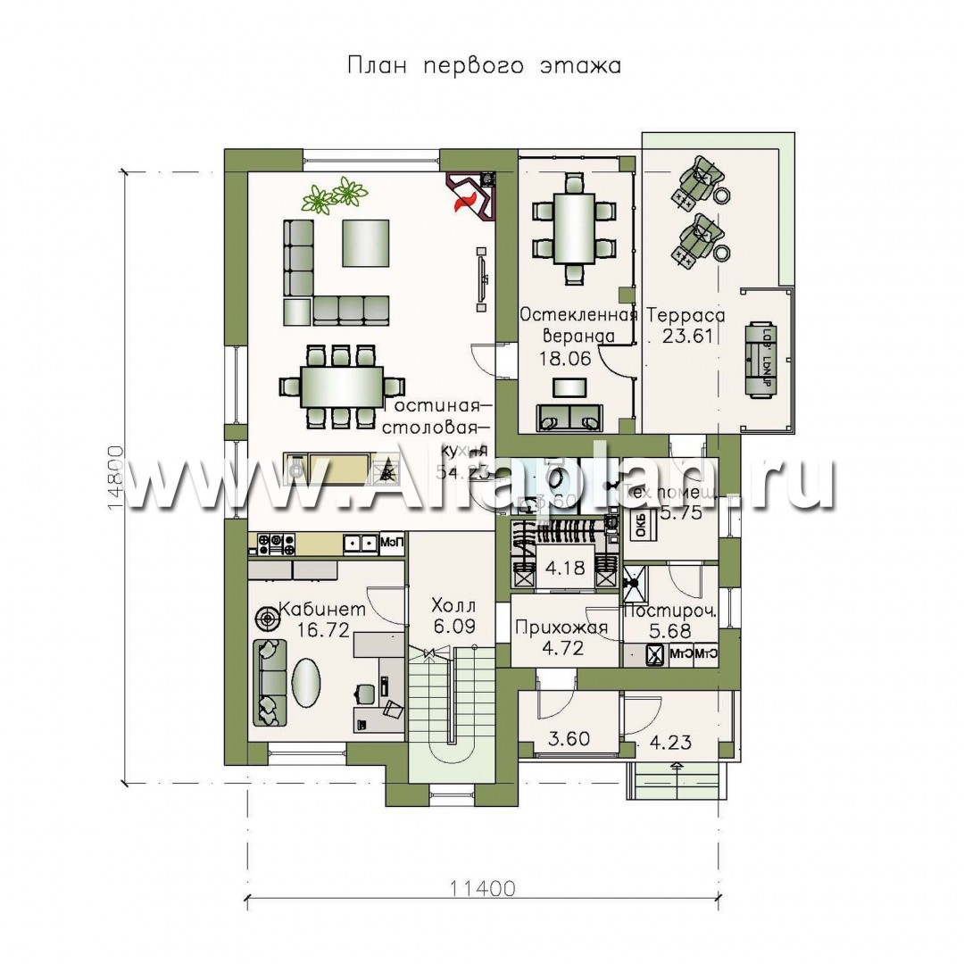 Проекты домов Альфаплан - «Флагман» - коттедж с большой верандой и солярием - план проекта №1