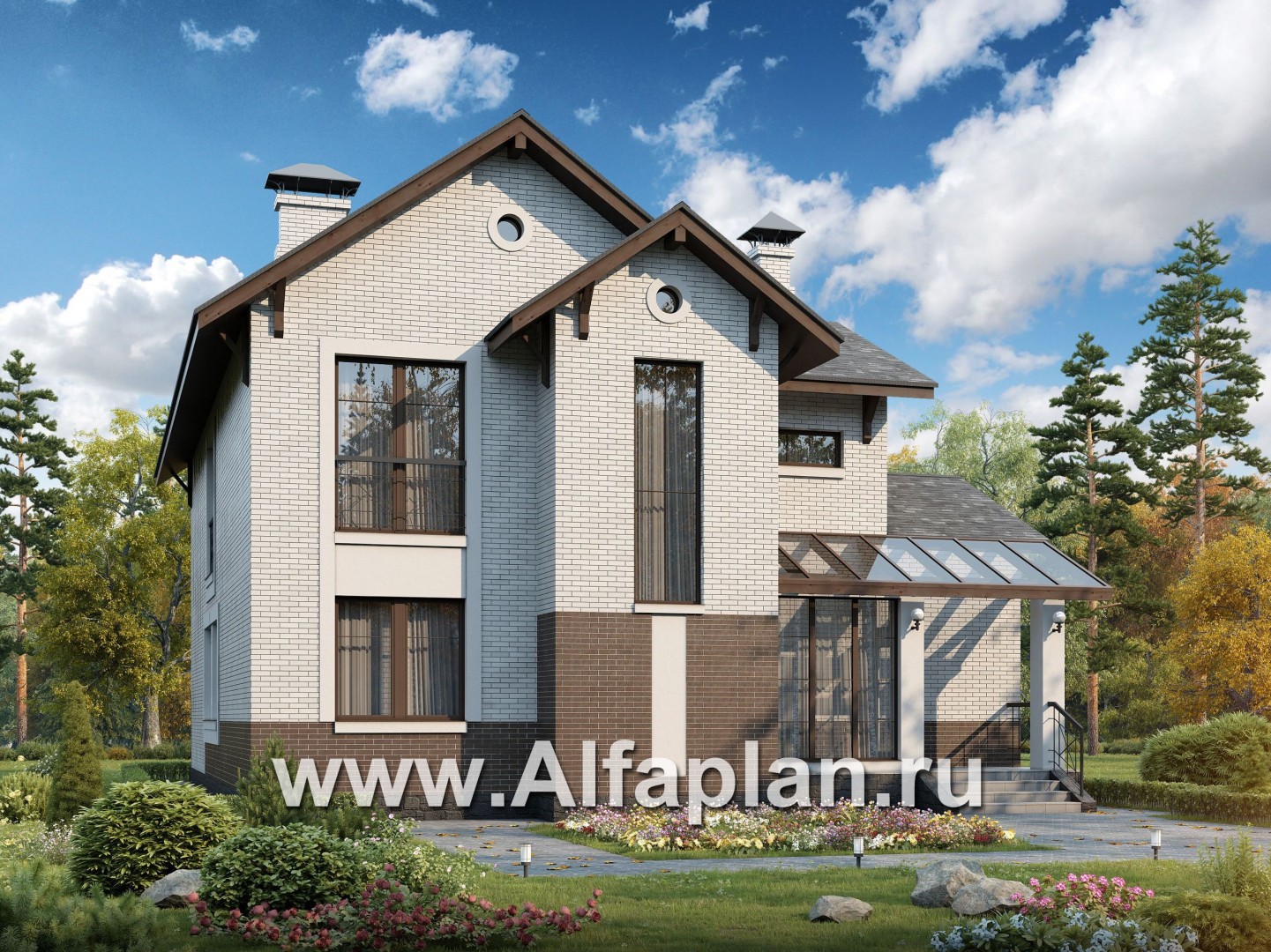 Проекты домов Альфаплан - «Флагман» - коттедж с большой верандой и солярием - основное изображение