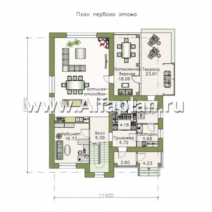 Проекты домов Альфаплан - «Флагман» - коттедж с большой верандой и солярием - превью плана проекта №1