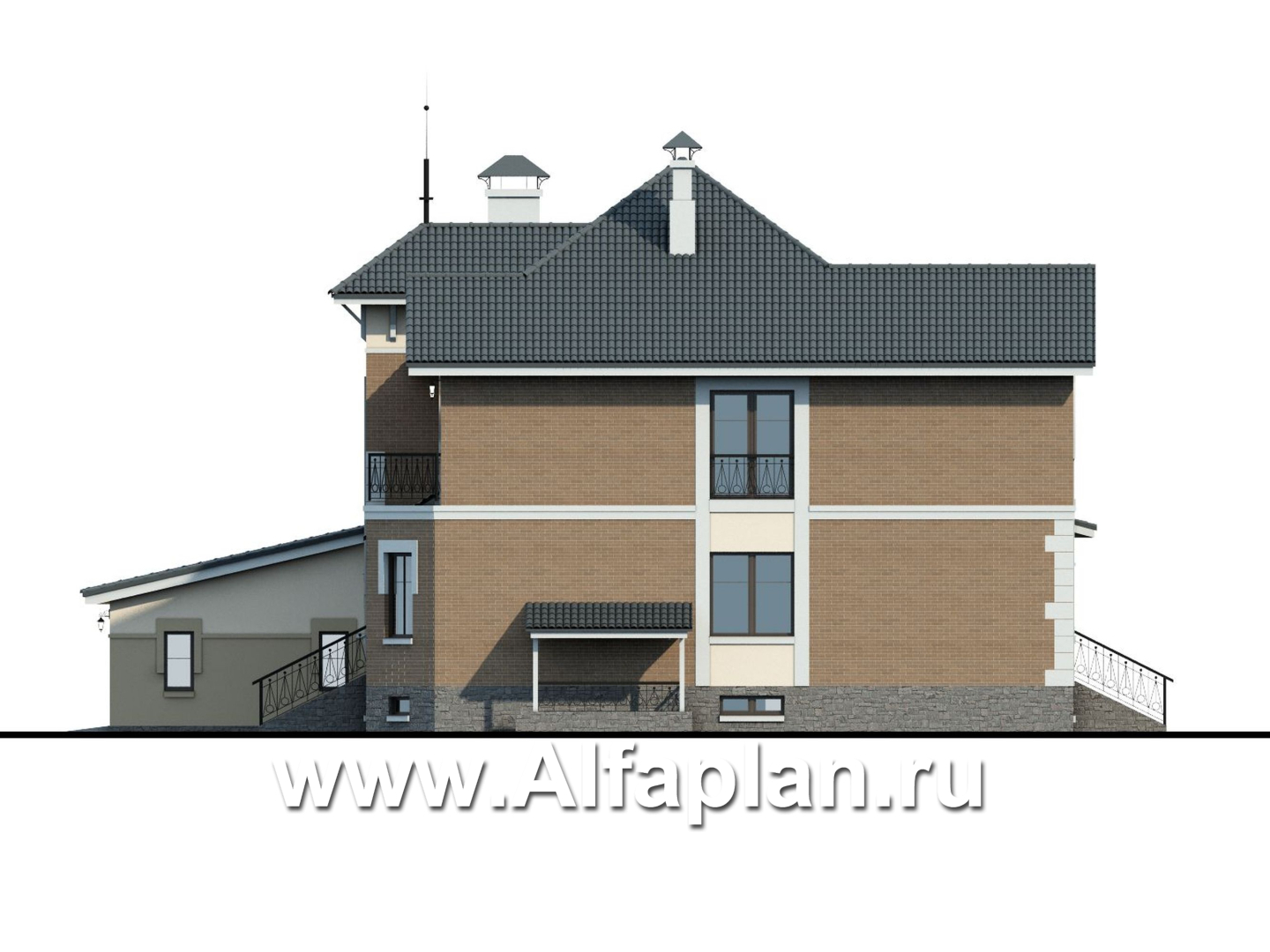 Проекты домов Альфаплан - «Феникс плюс» - коттедж с большим гаражом и цокольным этажом - изображение фасада №2
