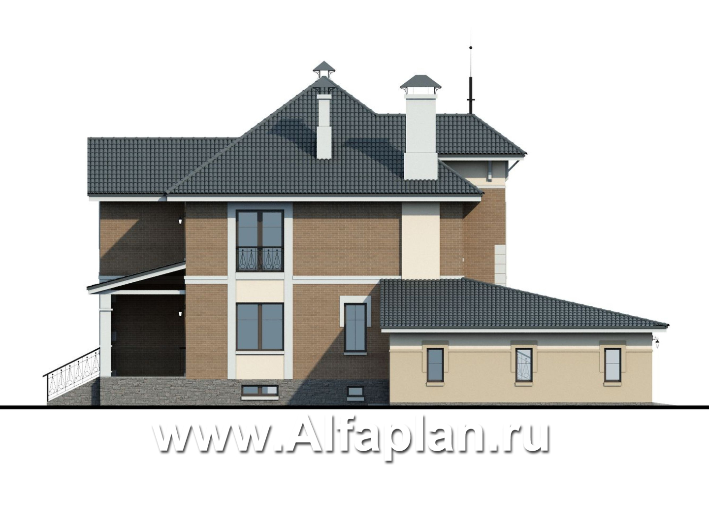 Проекты домов Альфаплан - «Феникс плюс» - коттедж с большим гаражом и цокольным этажом - изображение фасада №3