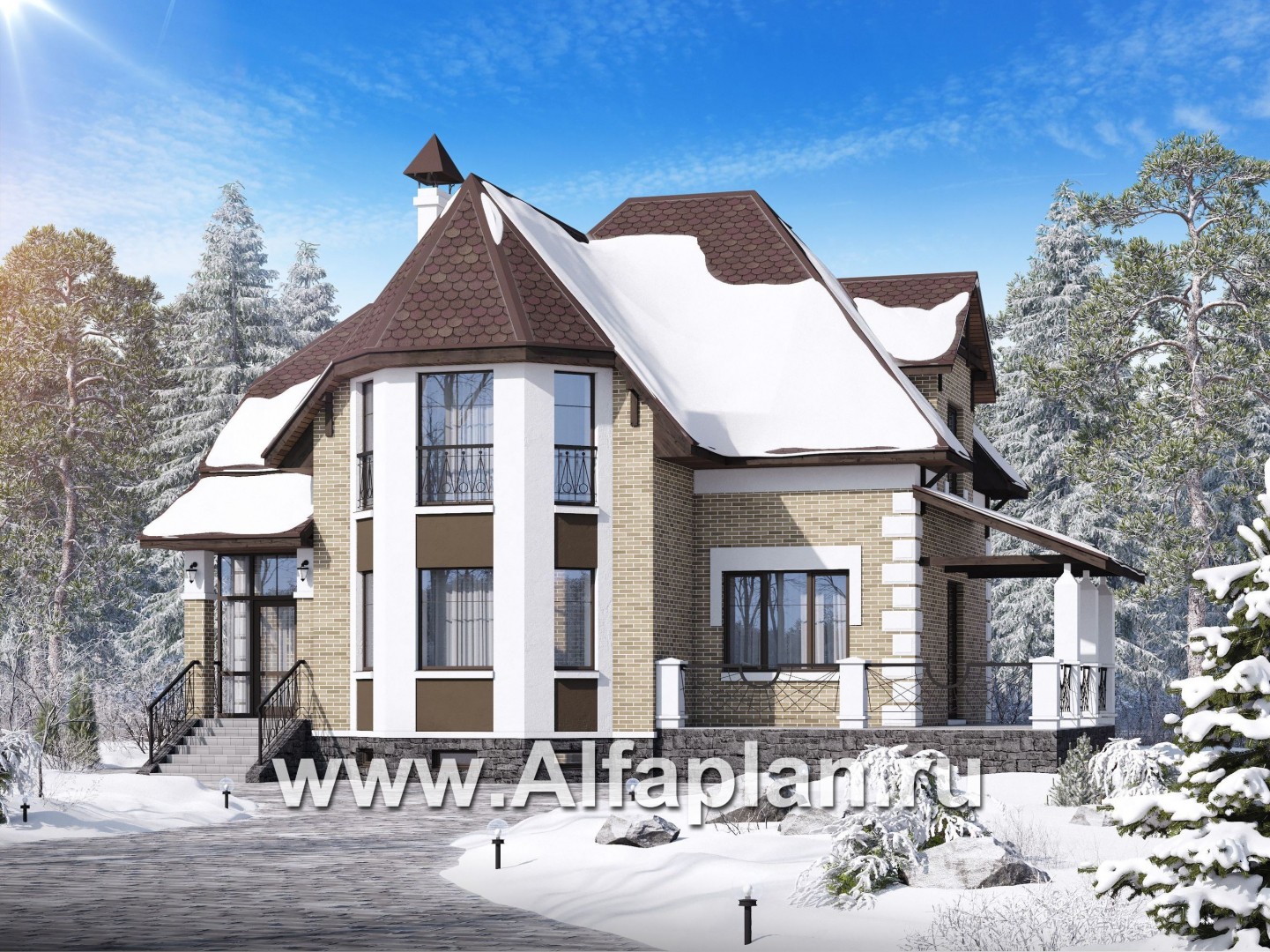 Проекты домов Альфаплан - «Клио Плюс» - коттедж с  цокольным этажом и угловой террасой - основное изображение
