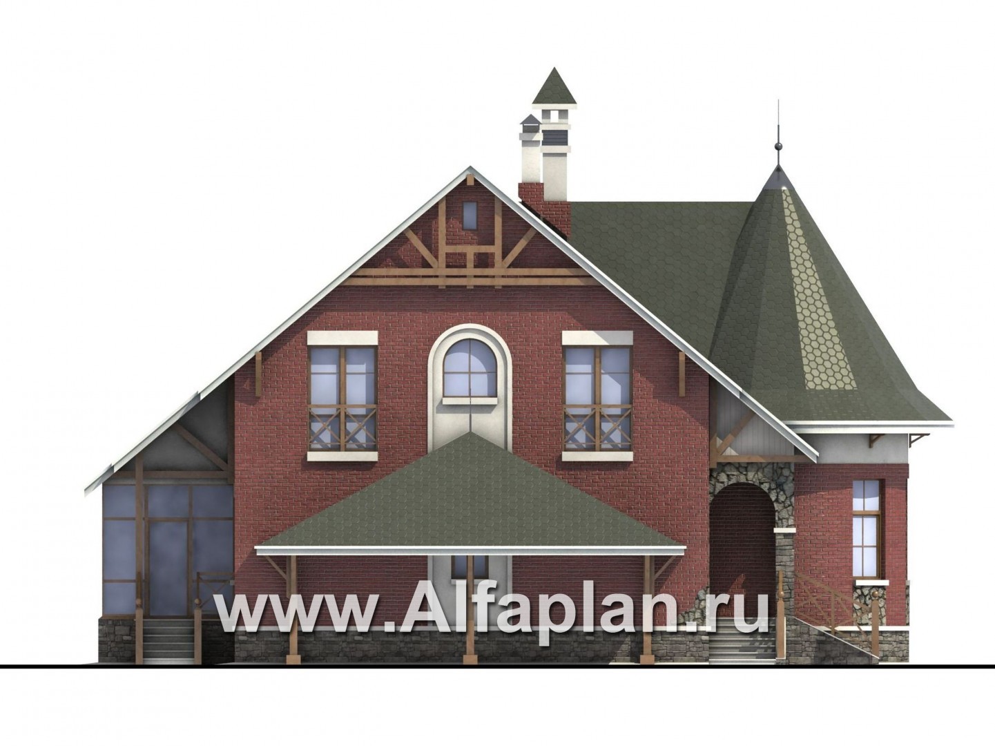 Проекты домов Альфаплан - «Альтбург» - проект  дома с мансардой, с полукруглым эркером и с навесом для 1 авто, в стиле замка - изображение фасада №3