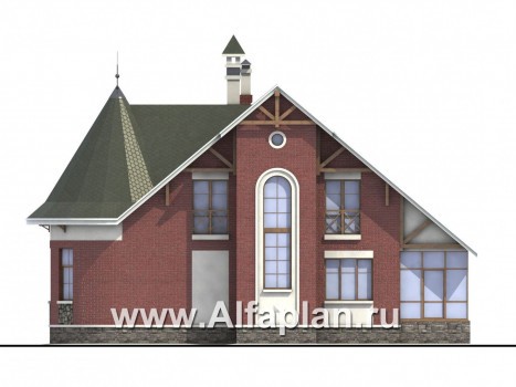 Проекты домов Альфаплан - «Альтбург» - проект  дома с мансардой, с полукруглым эркером и с навесом для 1 авто, в стиле замка - превью фасада №2