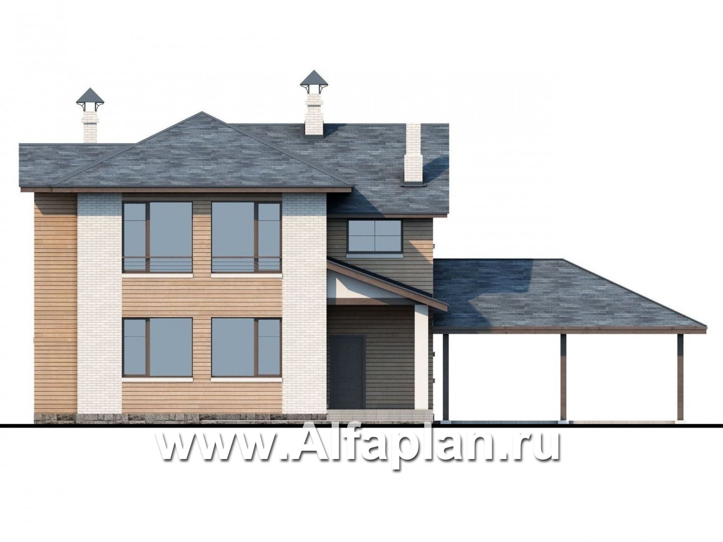 Проекты домов Альфаплан - «Безоблачный край» - коттедж с эркером и навесом для машин - изображение фасада №4