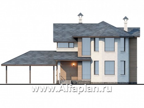 Проекты домов Альфаплан - «Безоблачный край» - коттедж с эркером и навесом для машин - превью фасада №1