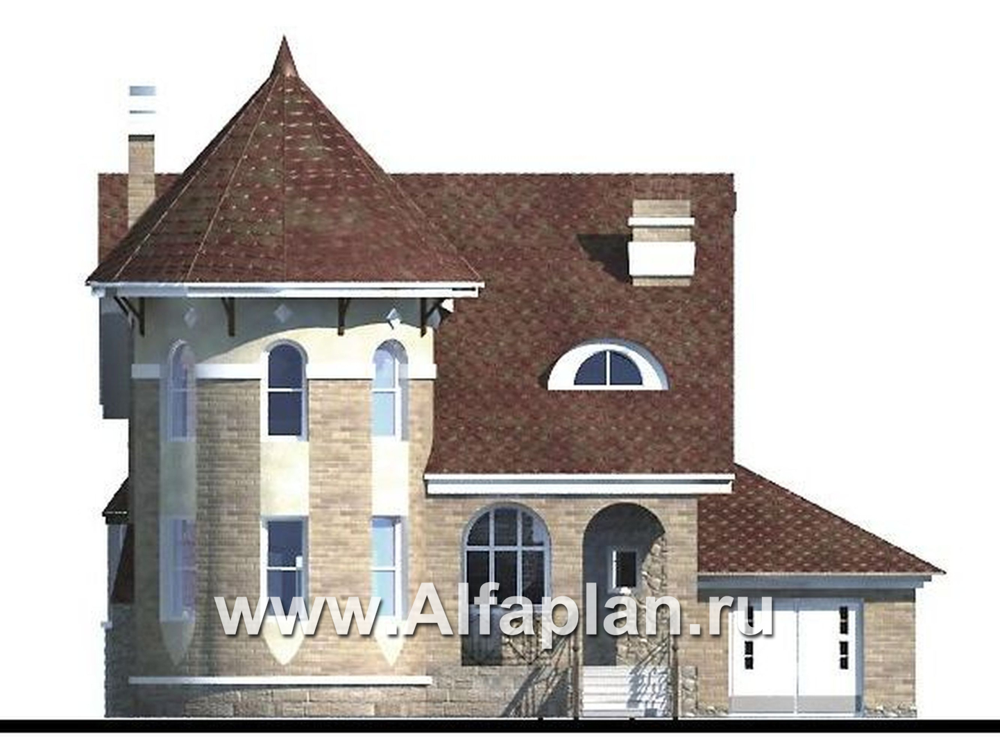 Проекты домов Альфаплан - «Камелот» -  загородный дом с угловой «башней» - изображение фасада №1