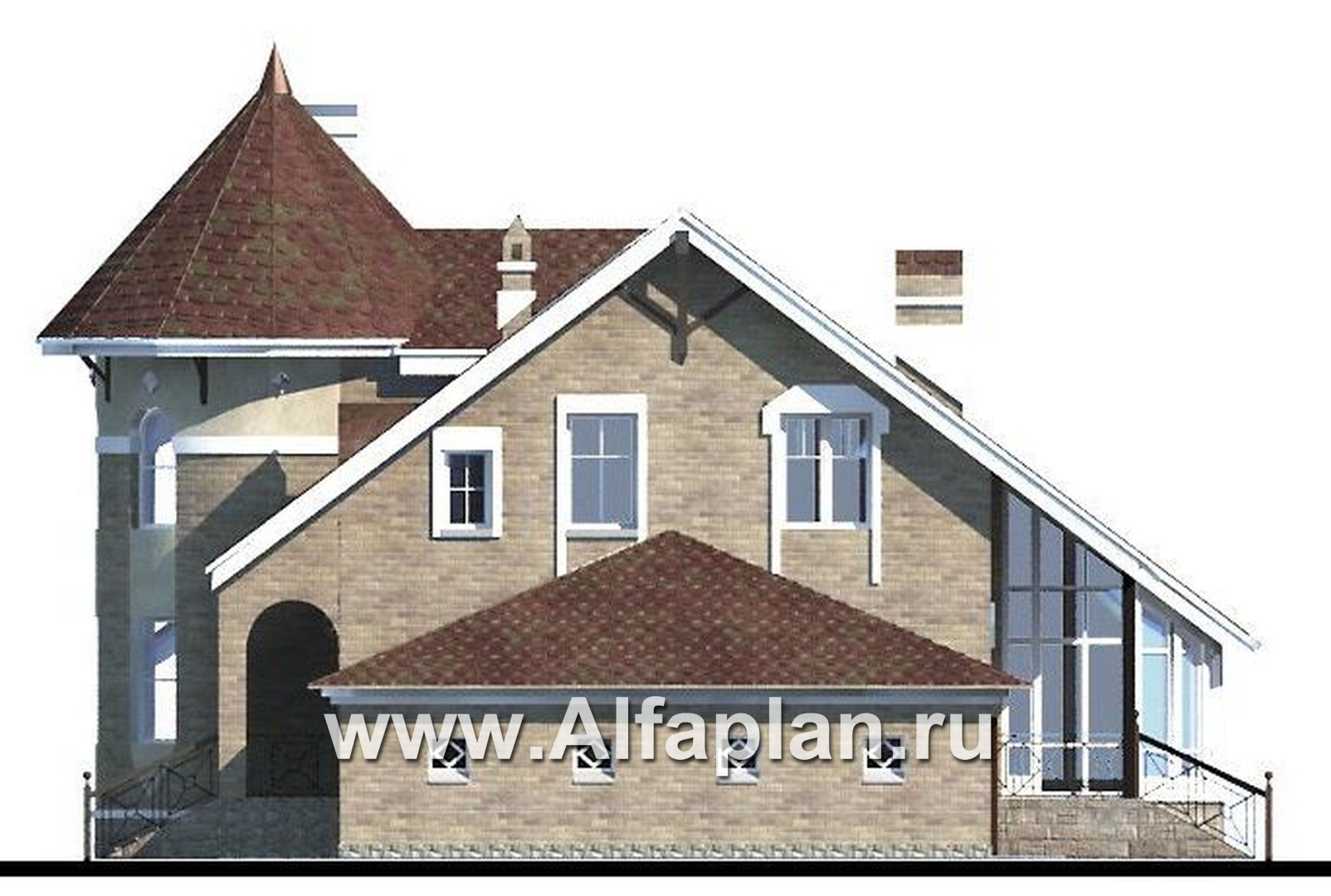 Проекты домов Альфаплан - «Камелот» -  загородный дом с угловой «башней» - изображение фасада №2