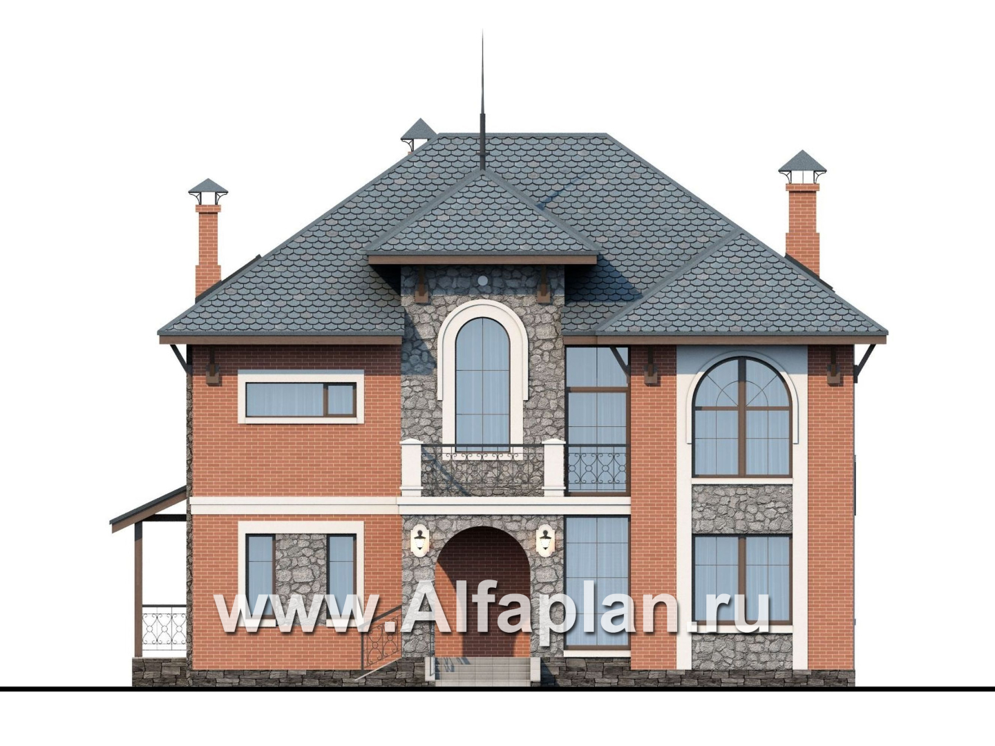 Проекты домов Альфаплан - «Айвенго»- двуxэтажный особняк для большой семьи с жилой мансардой - изображение фасада №1