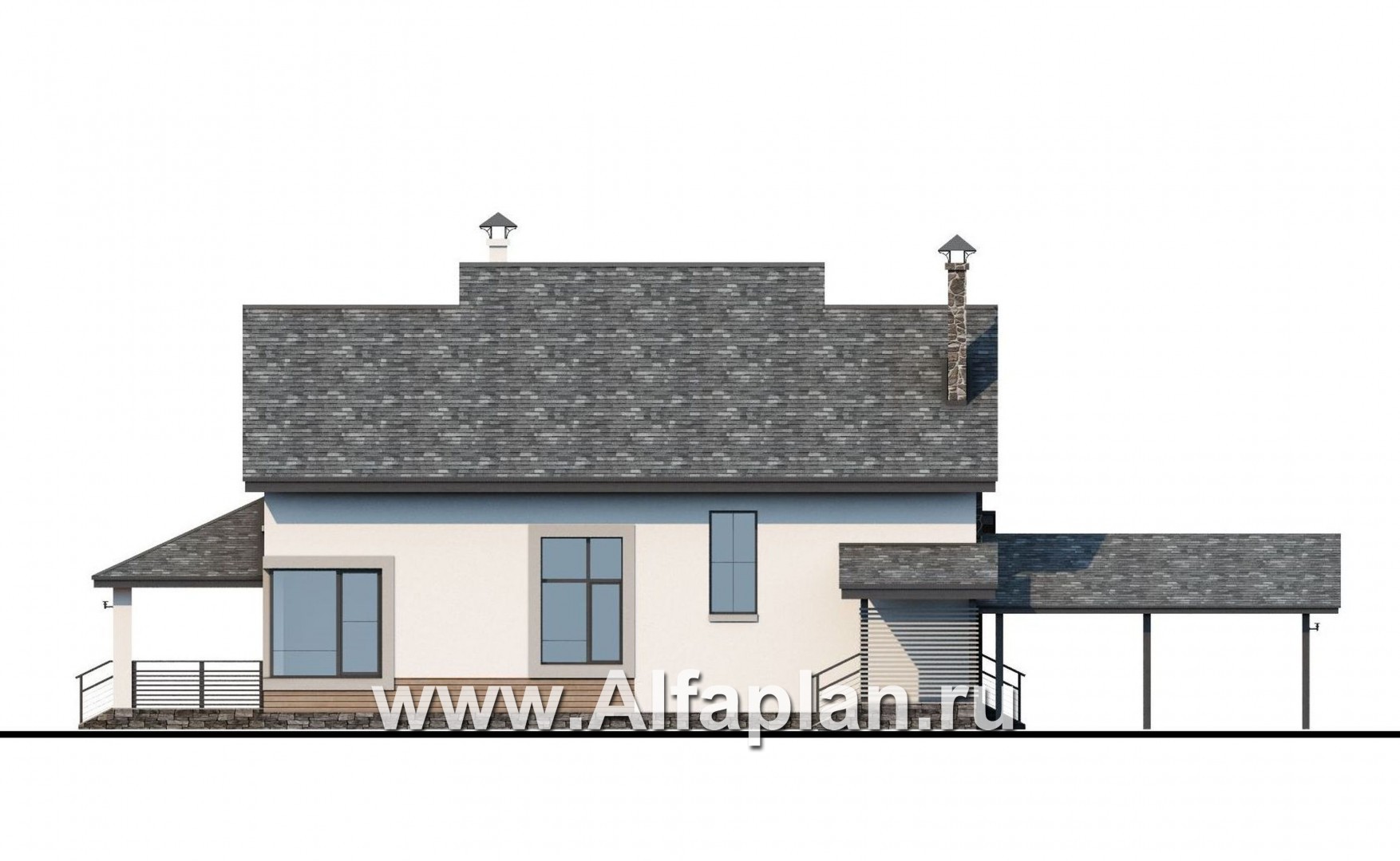 Проекты домов Альфаплан - «Роза ветров» - загородный дом с летней куxней и навесом для машин - изображение фасада №3