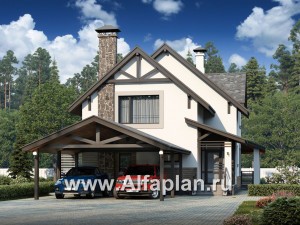 Проекты домов Альфаплан - «Роза ветров» - загородный дом с летней куxней и навесом для машин - превью основного изображения