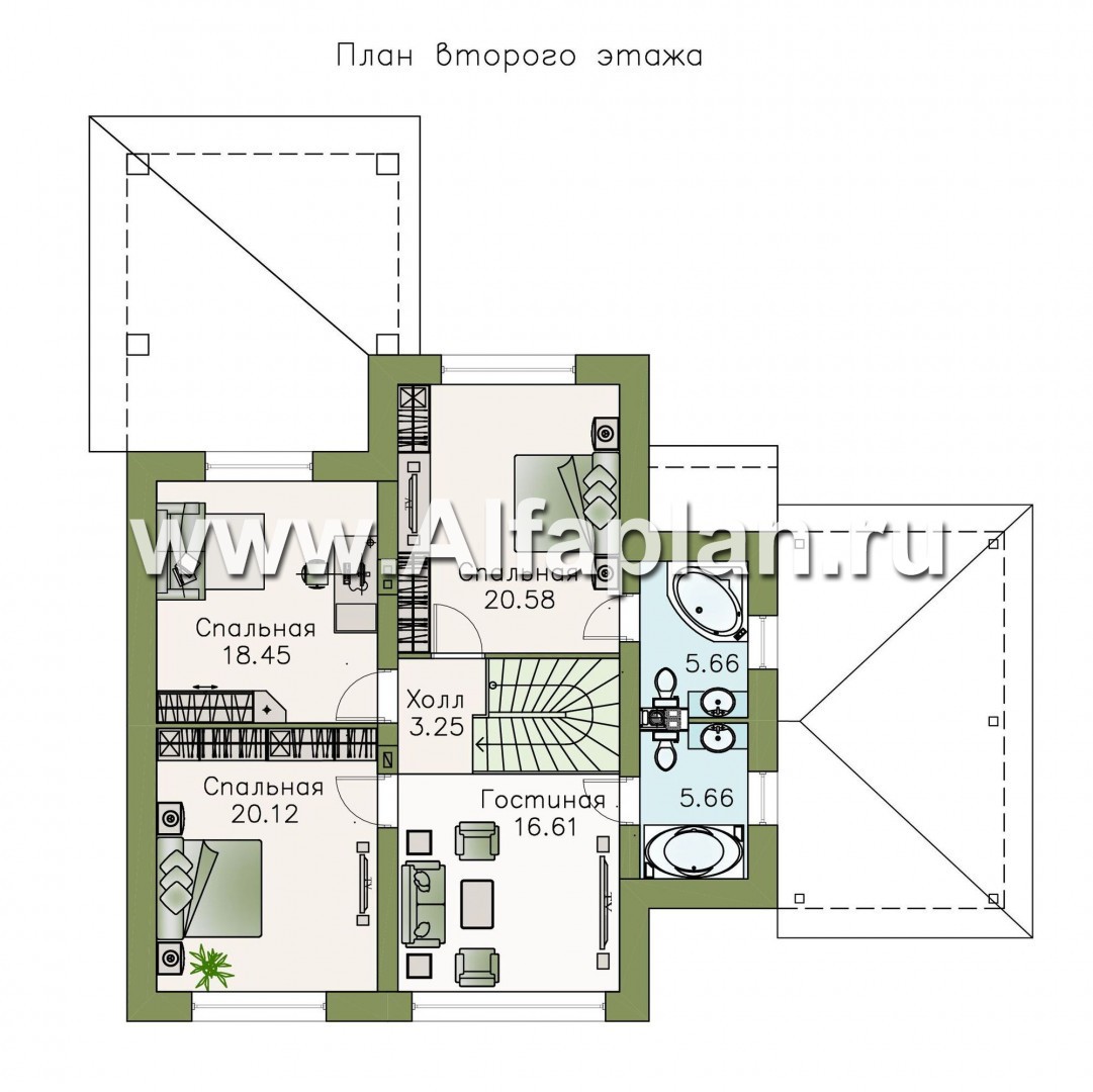 Проекты домов Альфаплан - «Рождествено» - коттедж с большой верандой и навесом для машины - план проекта №2