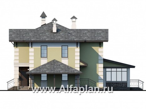 Проекты домов Альфаплан - «Рождествено» - коттедж с большой верандой и навесом для машины - превью фасада №2