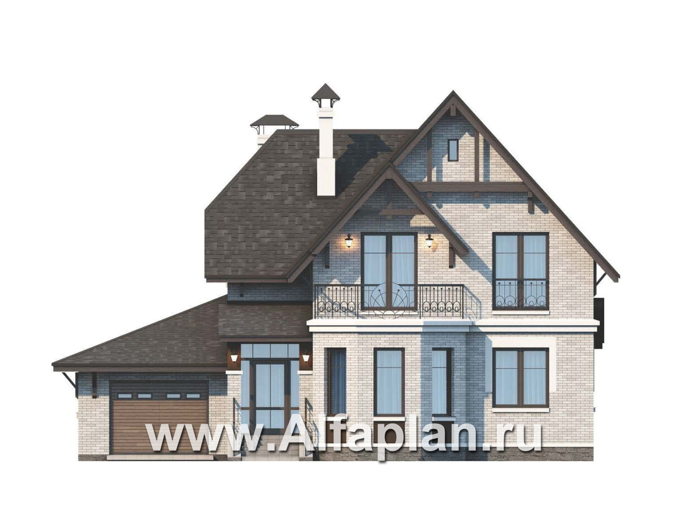 Проекты домов Альфаплан - Дом из газобетона «Шевалье» с гаражом и балконом над эркером - изображение фасада №1